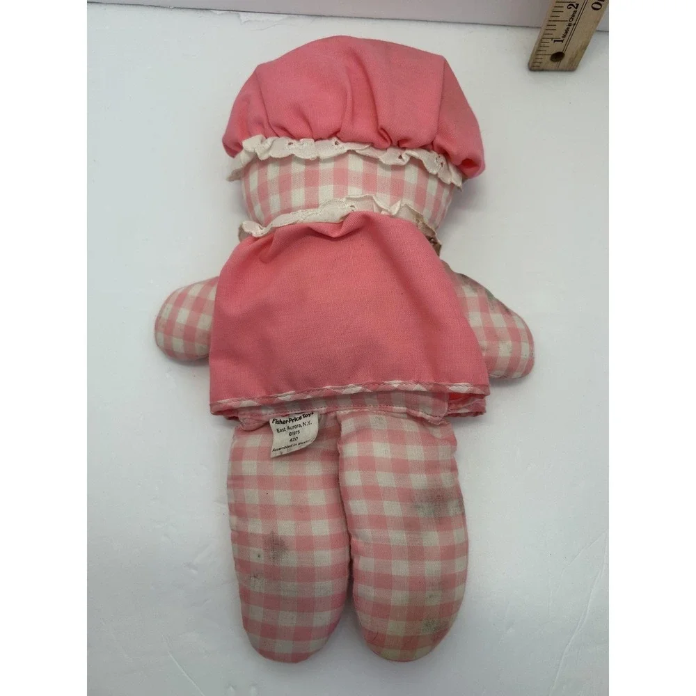 1975 FISHER-PRICE LOLLY Pink Gingham Rattle Inside Rag Doll #420 EUC FLAWED
